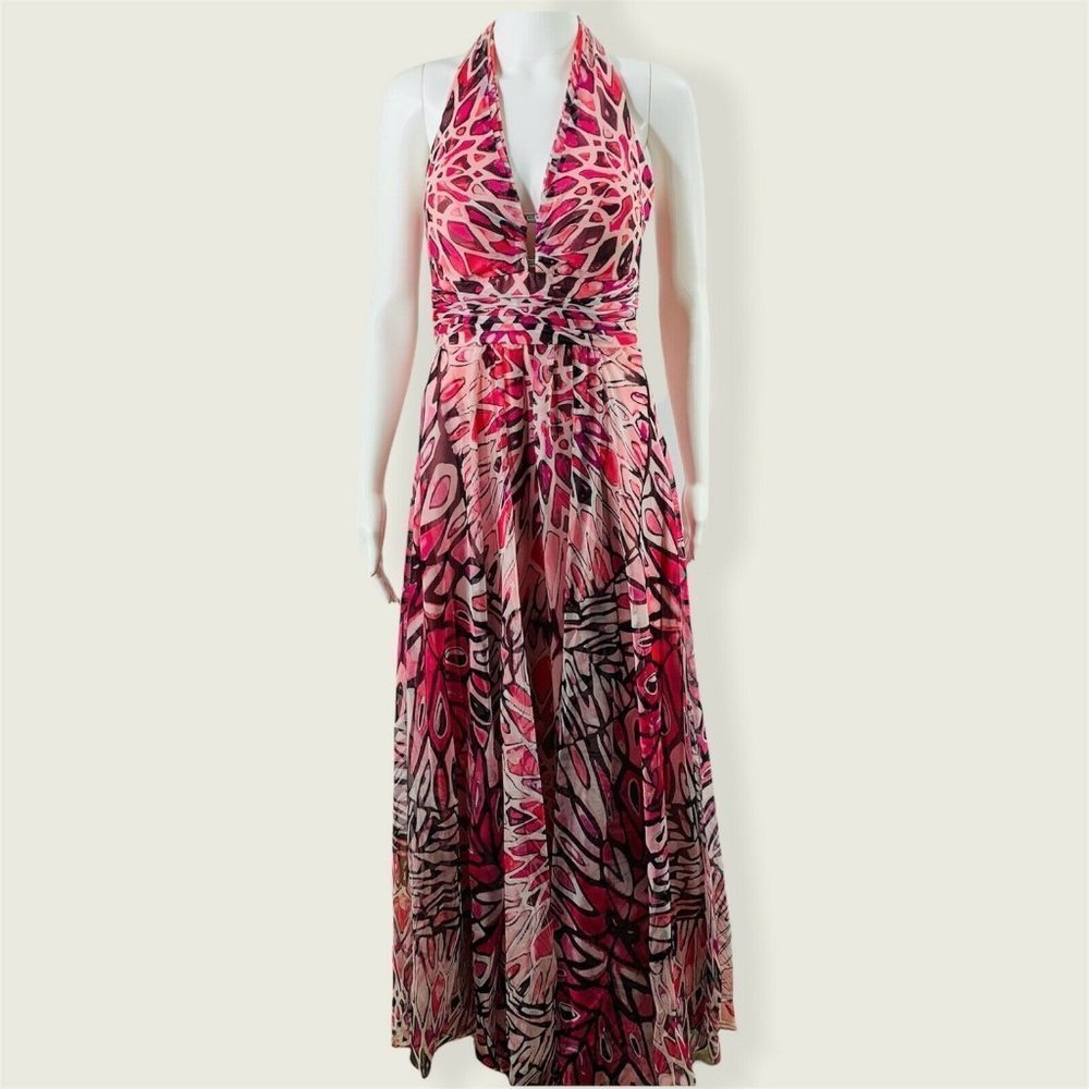 White House Black Market Pink Chiffon Kaleidoscope Halter Maxi Dress Size 4